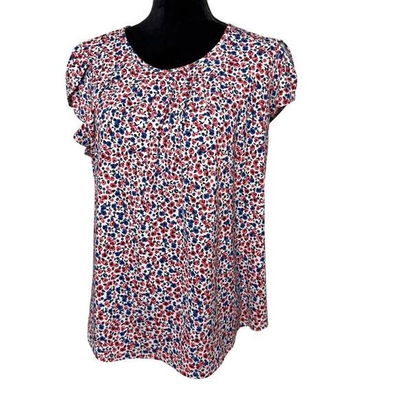 Adrianna Papell | Red and Blue Floral Cap Sleeve Blouse with Stretch | Sz L - Picture 1 of 7